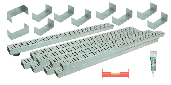 Entwässerungsrinnen Edelstahl superflach Rost Quadratlochung SET Typ 9, System 35/80